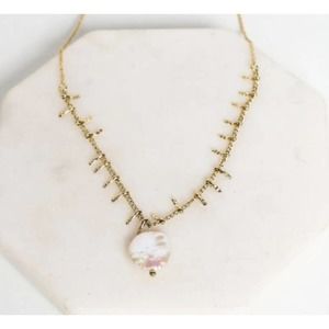 Freshwater Pearl Pendant & Gold Bar Charm Necklace